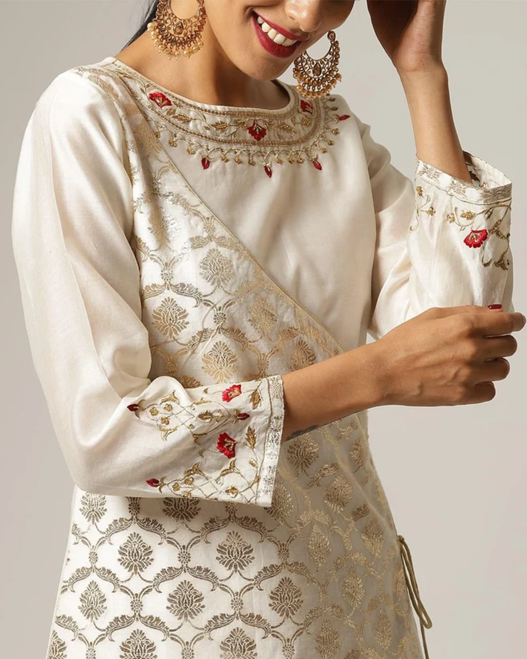 Off white Silk chanderi angrakha kurta with hand embroidery