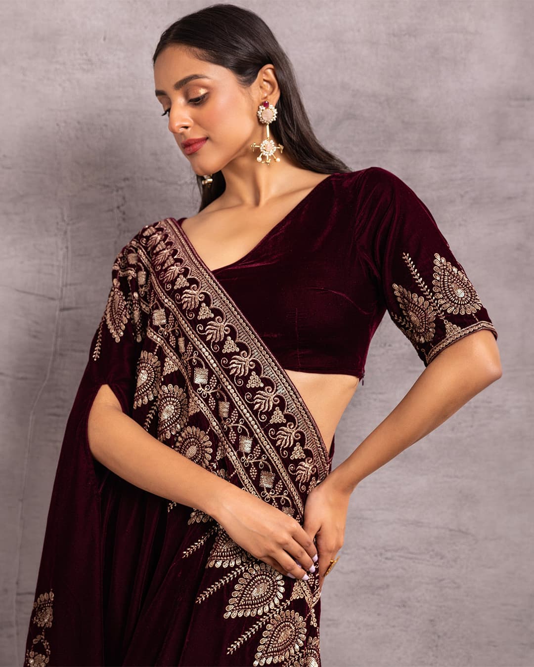 WINE VELVET Saree drape fusion dress