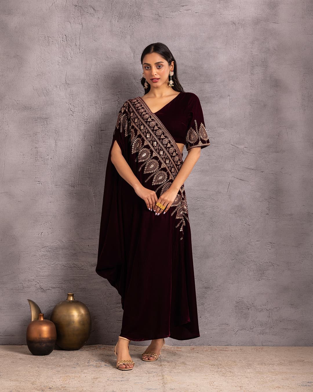WINE VELVET Saree drape fusion dress