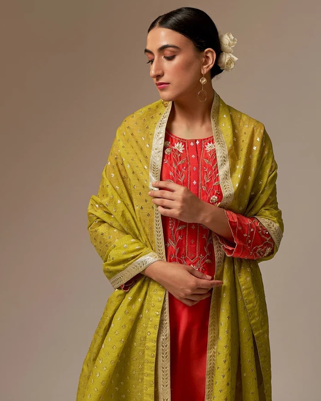 Orange Silk Chanderi kurta with hand embroidery