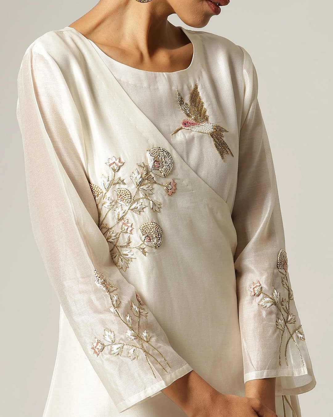 Ivory Silk chanderi angrakha kurta with hand embroidery