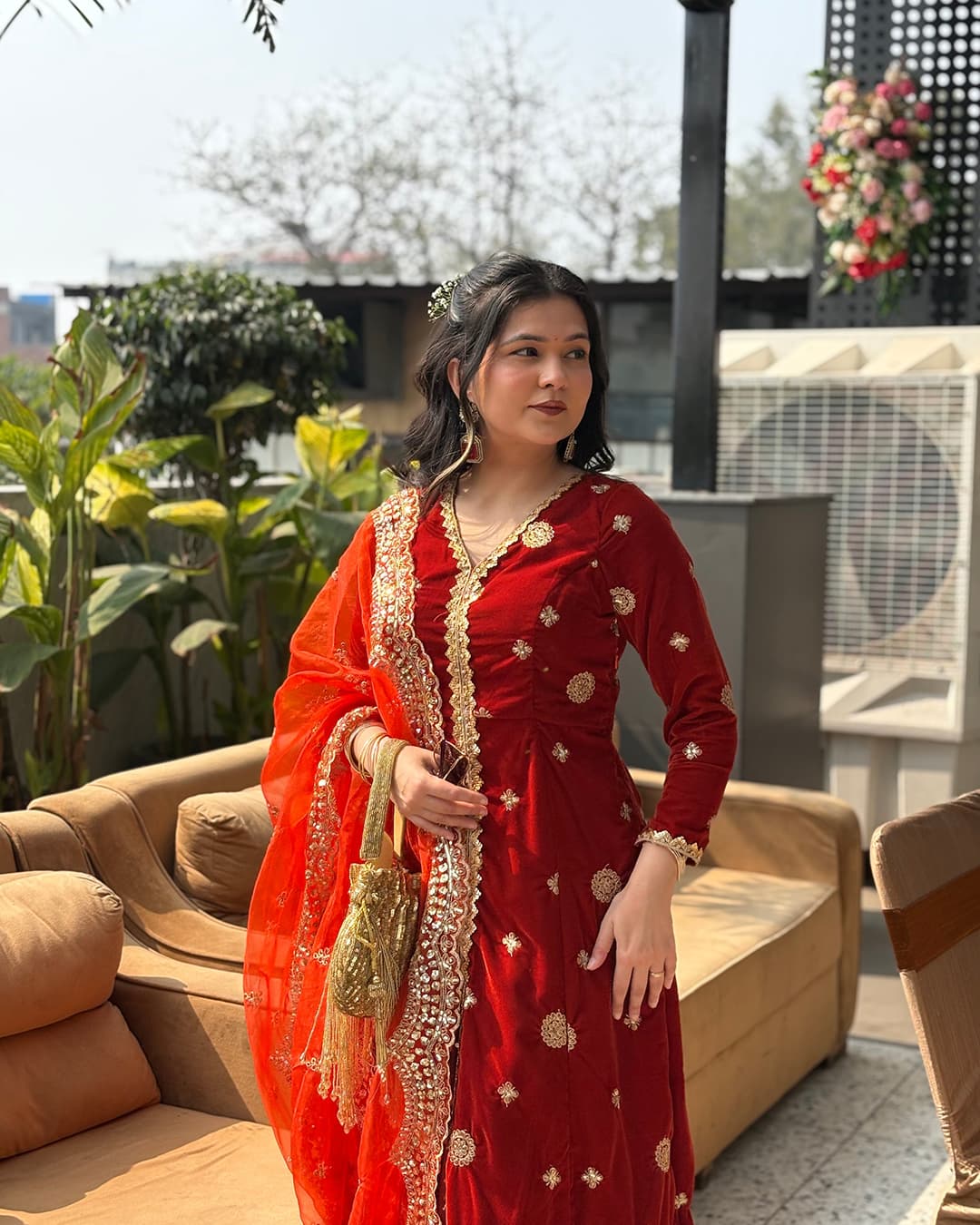 Burnt velvet Suit Set with Organza Dupatta