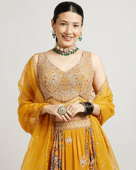 Mustard Yellow Chinon Lehenga with Zari - XL