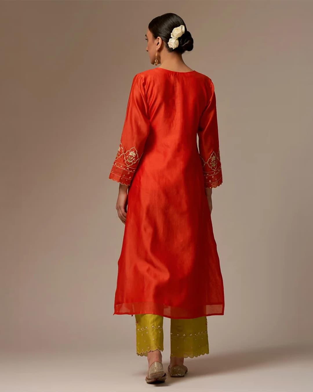 Orange Silk Chanderi kurta with hand embroidery