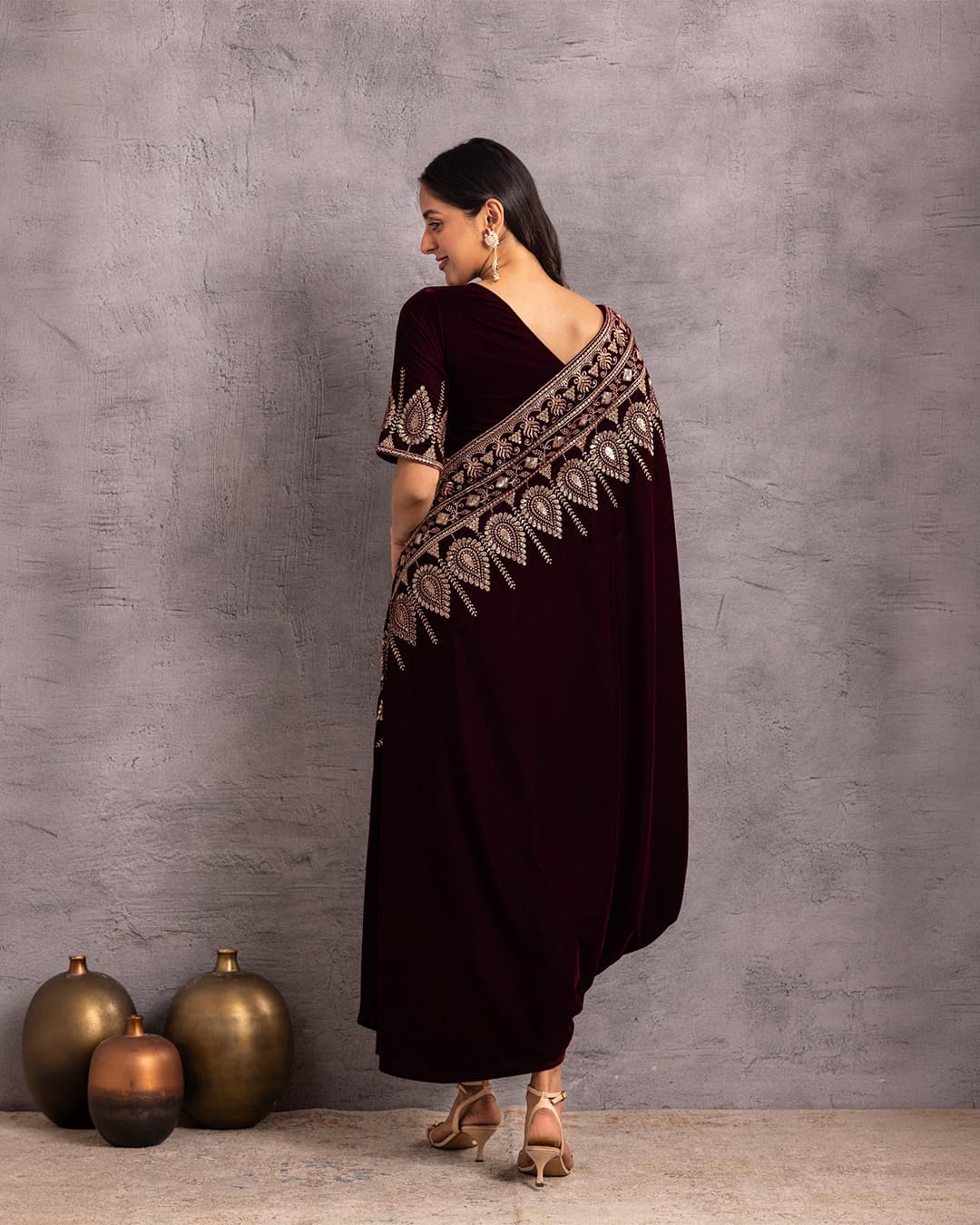 WINE VELVET Saree drape fusion dress