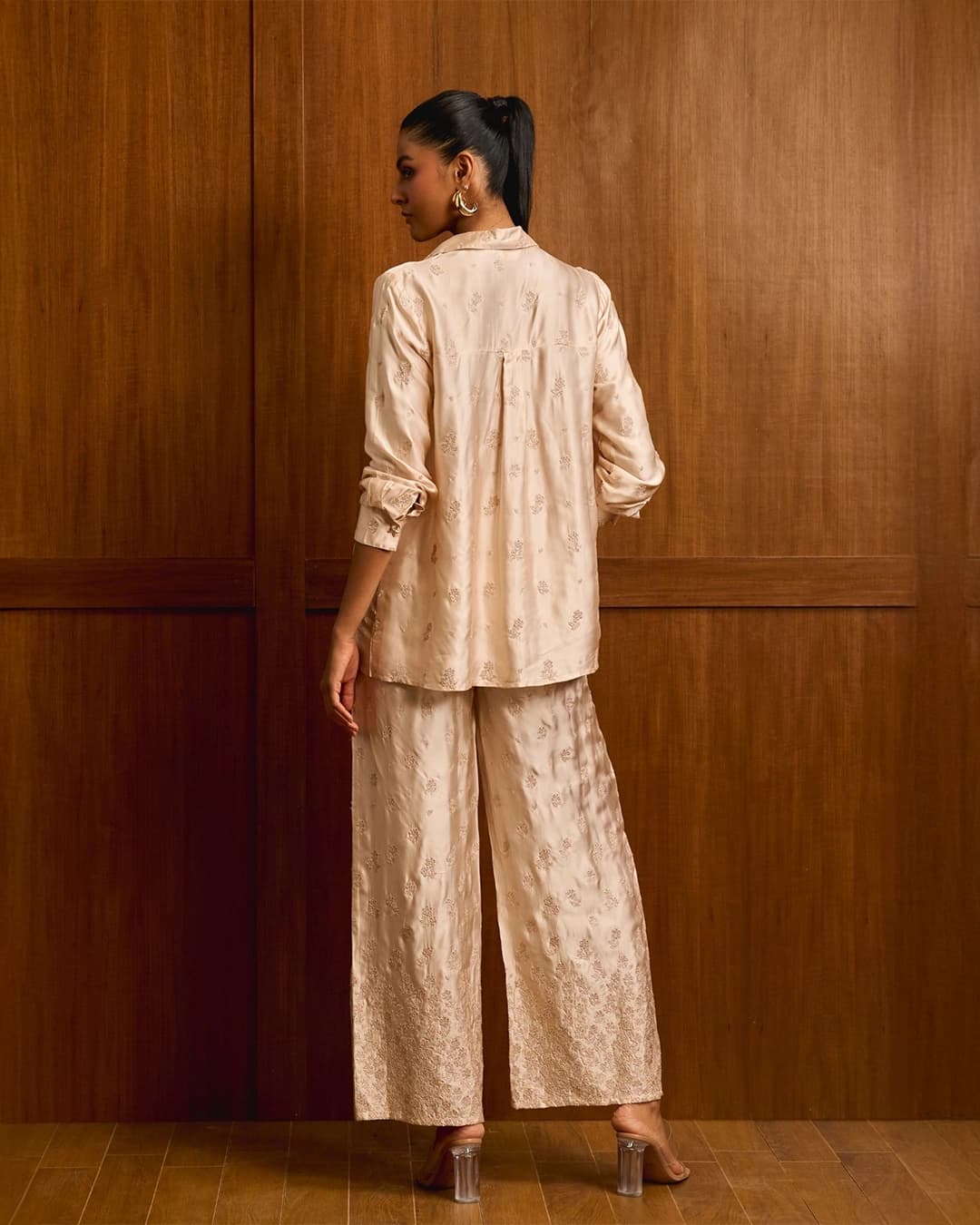 Santree Cupro Satin Champagne Shirt Set