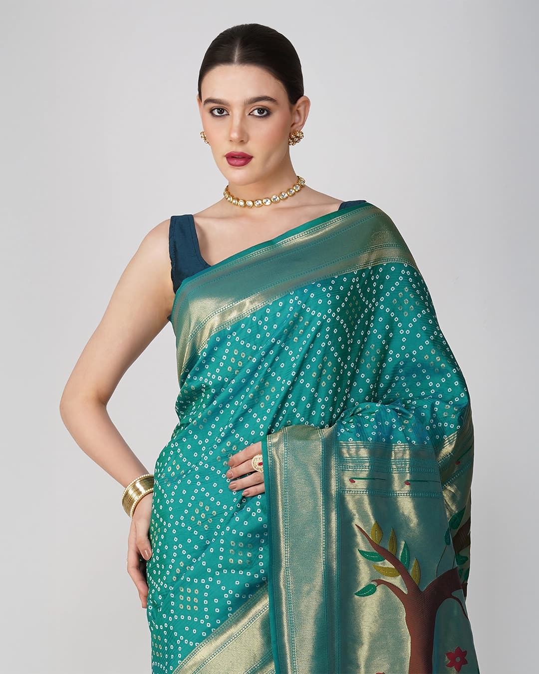 Blue Pure Silk Paithani Bandhej work Saree