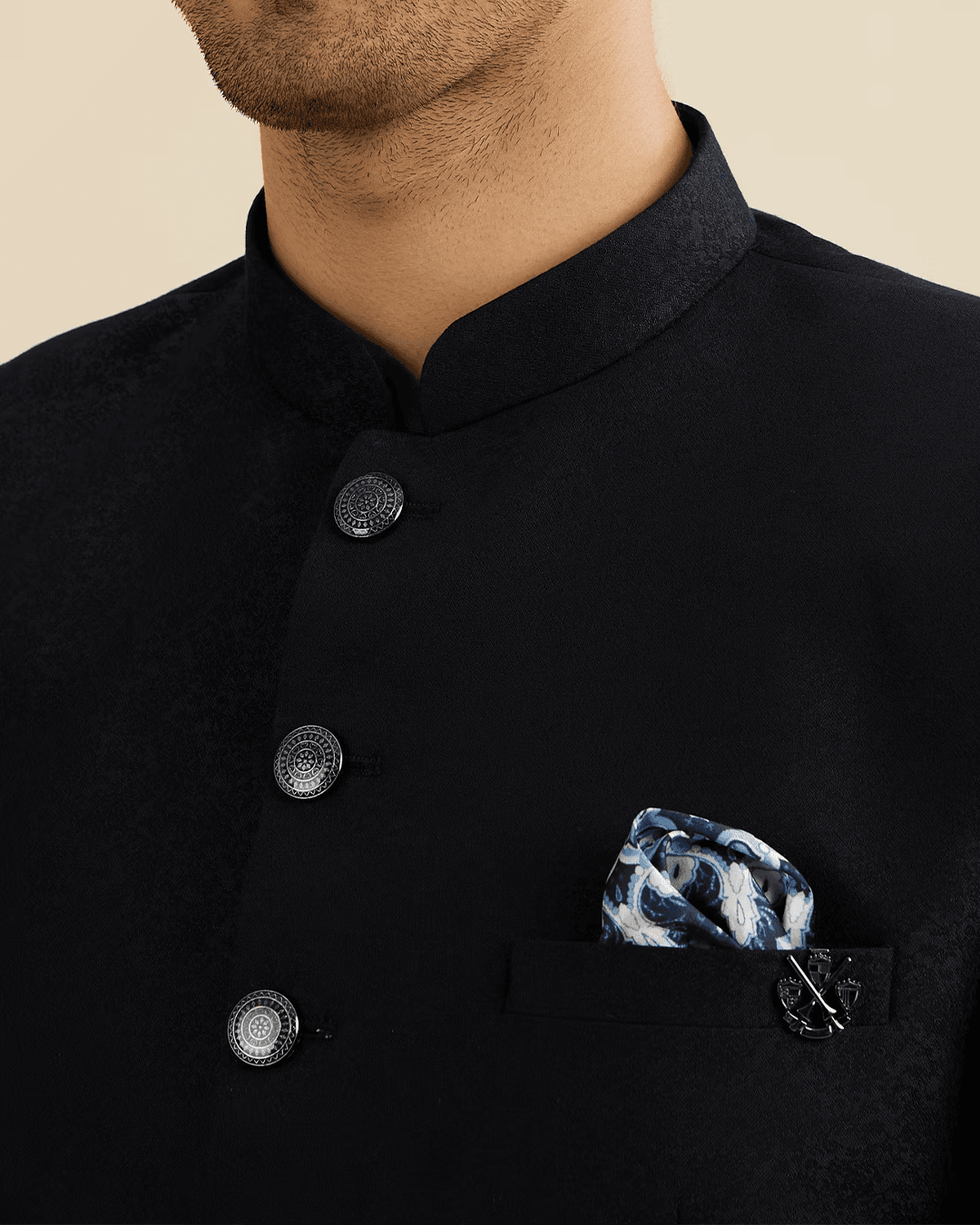 Elegant Dark Blue Brocade Suit Set - XL