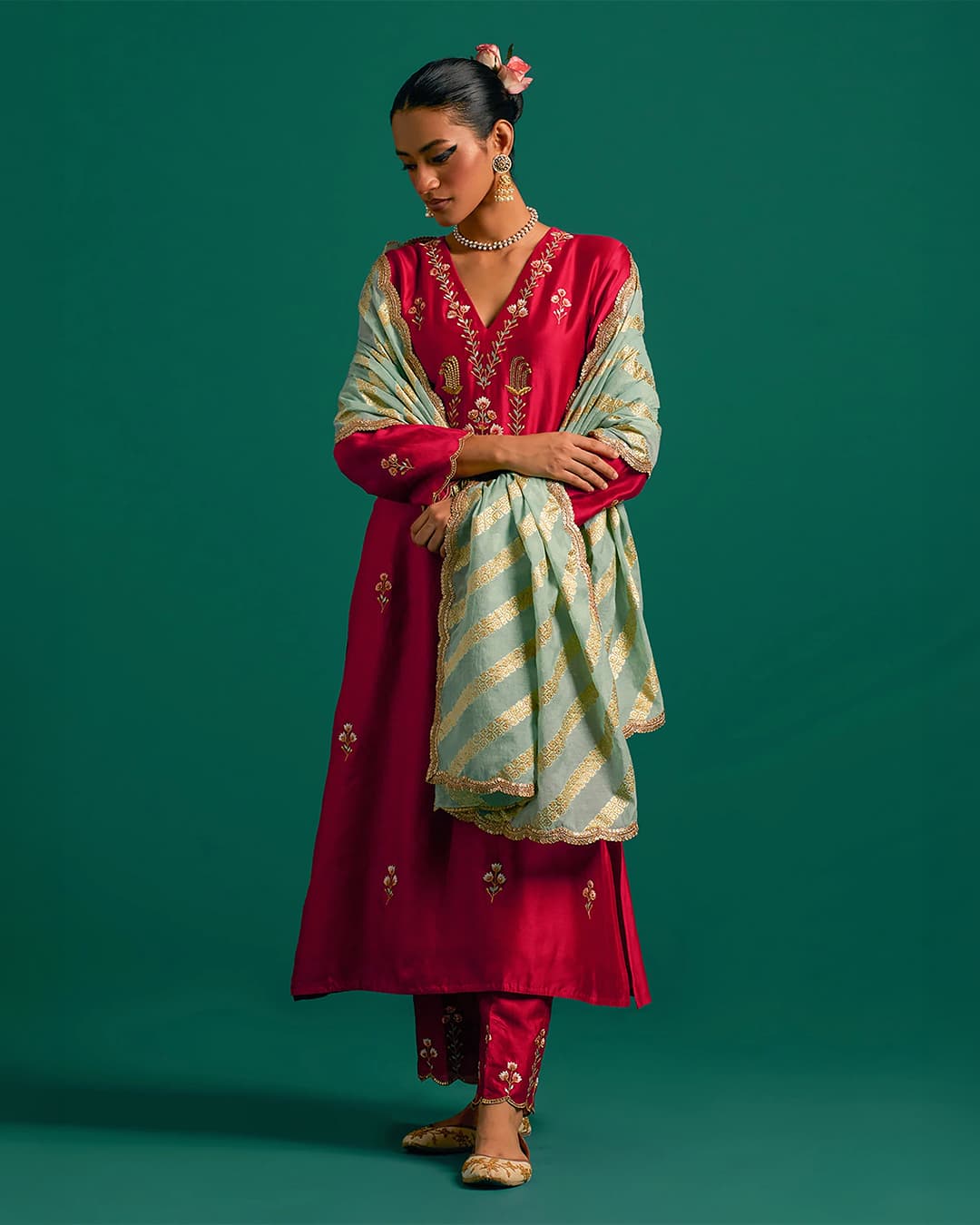 Red V neck hand embroidered silk chanderi kurta set with green chanderi dupatta