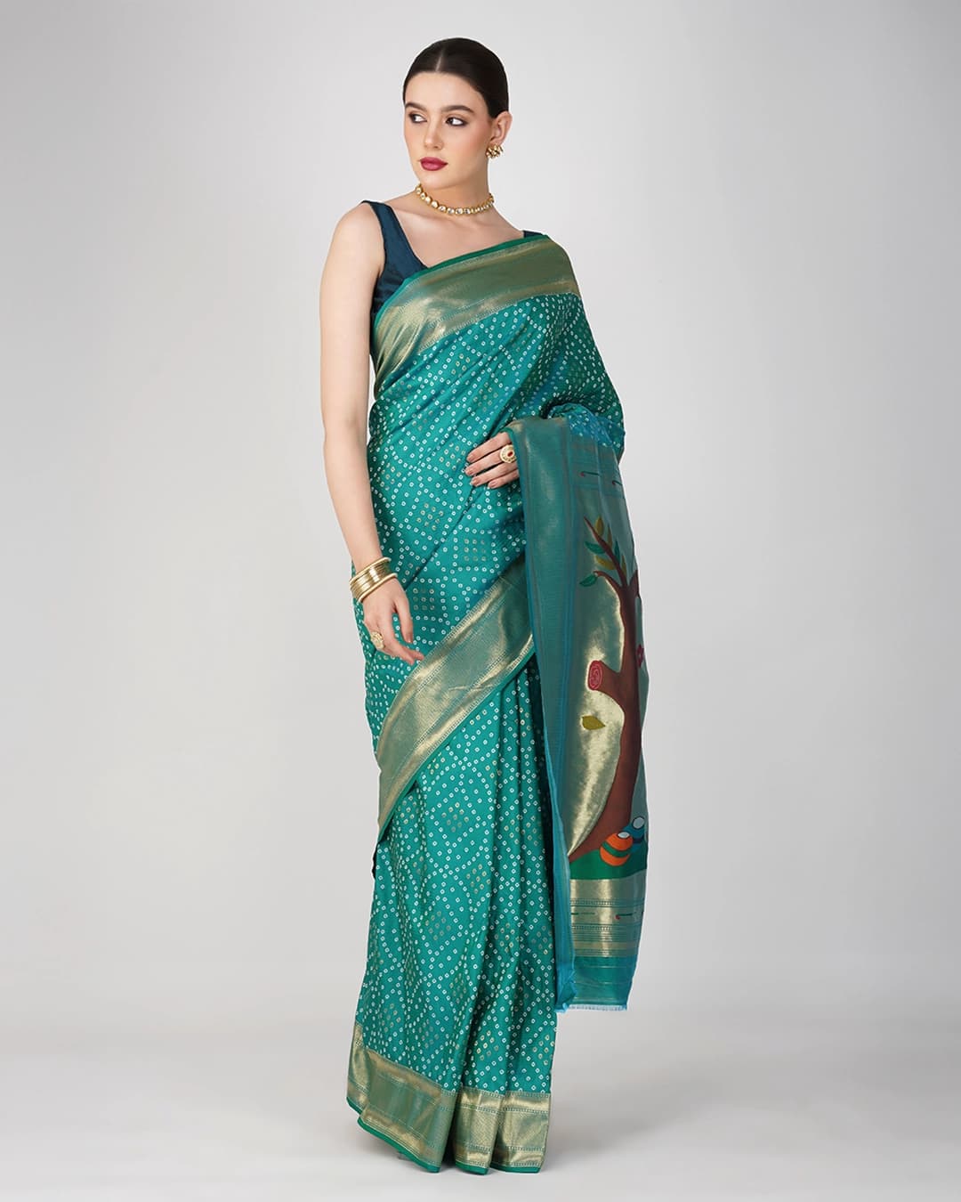 Blue Pure Silk Paithani Bandhej work Saree
