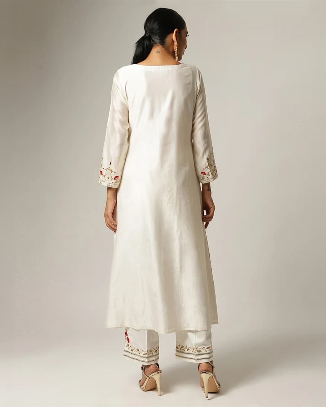 Off white Silk chanderi angrakha kurta with hand embroidery