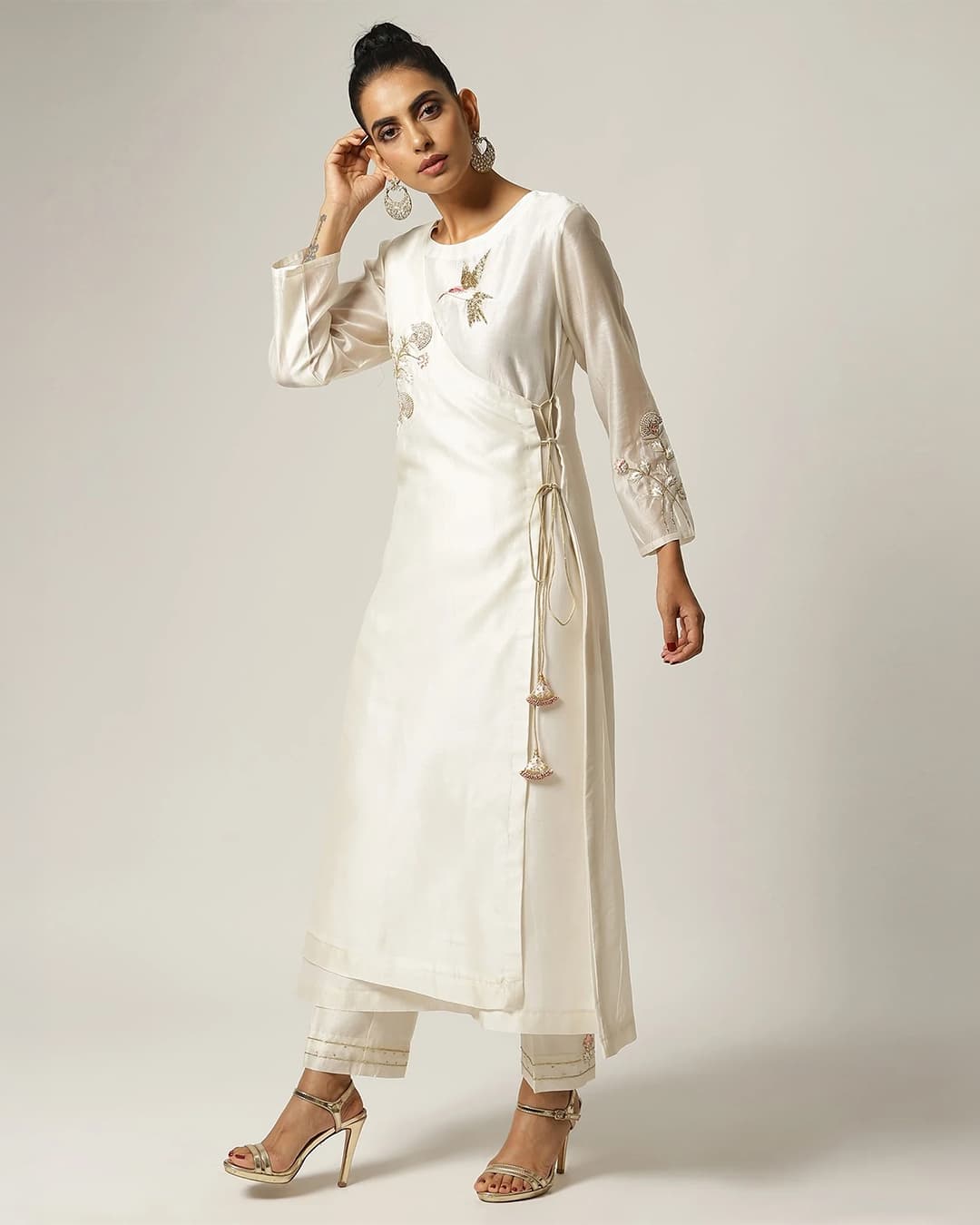 Ivory Silk chanderi angrakha kurta with hand embroidery
