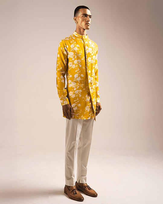 yellow white rose side slit kurta