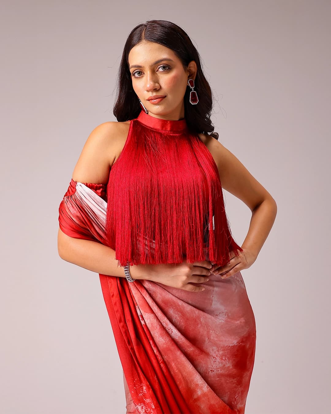 Rosette Draped Sari with Fringe Blouse