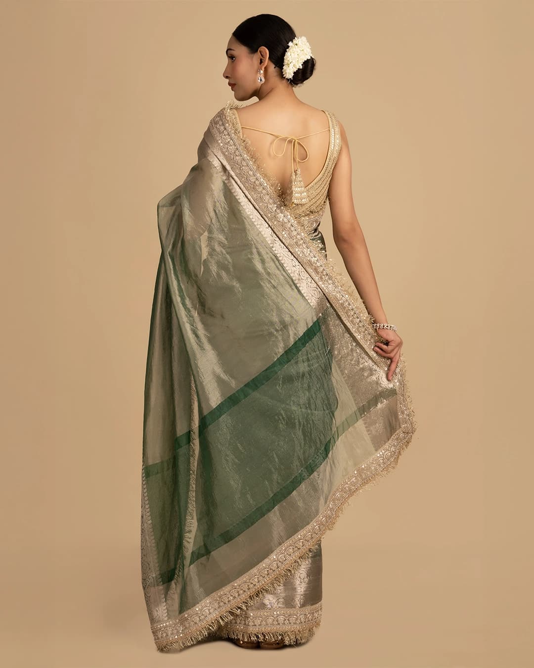 Green Shade Crushed Tissue Silk Banarasi handloom Saree