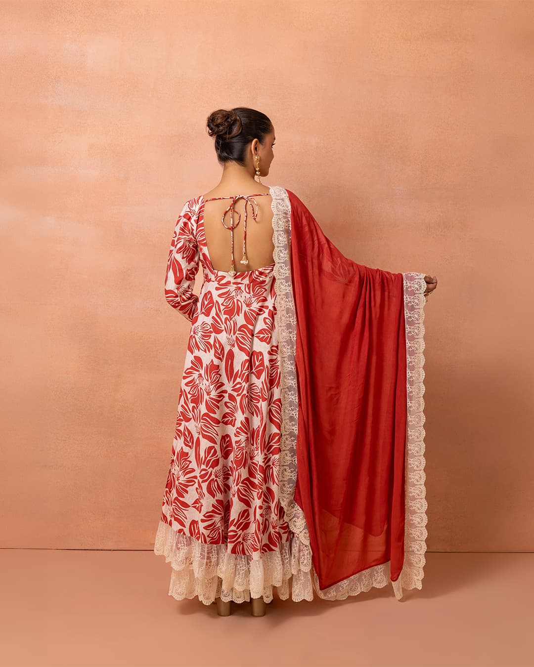 Corset Cream And Red Printed Lace Anarkali Suit Set