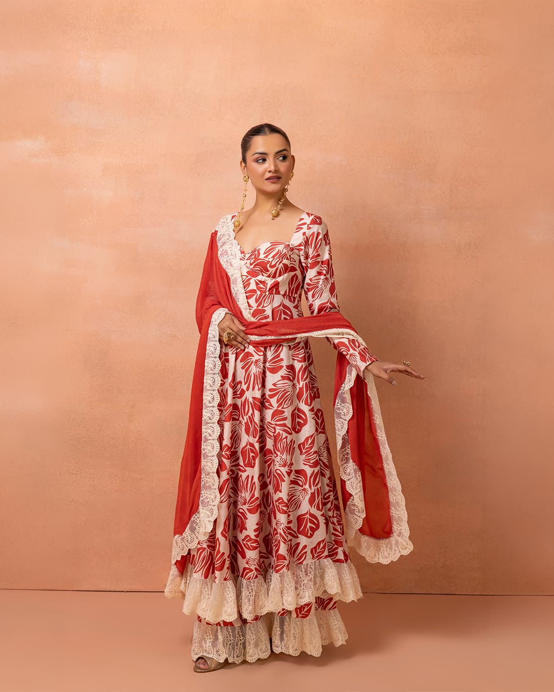 Corset Cream And Red Printed Lace Anarkali Suit Set