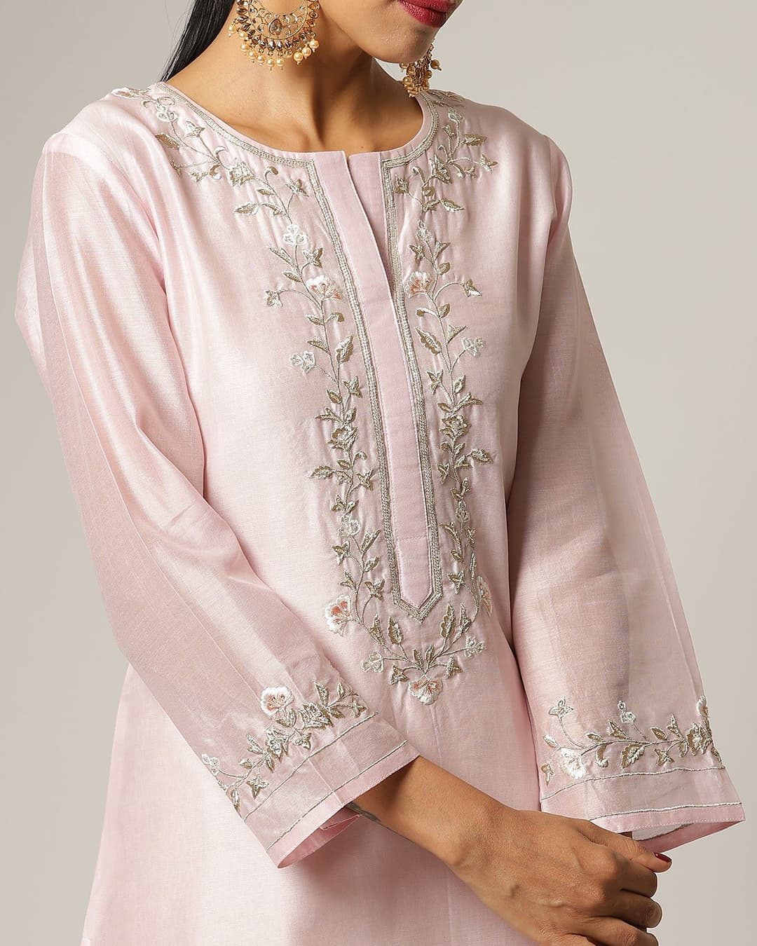 Pink Silk chanderi kurta with hand embroidery