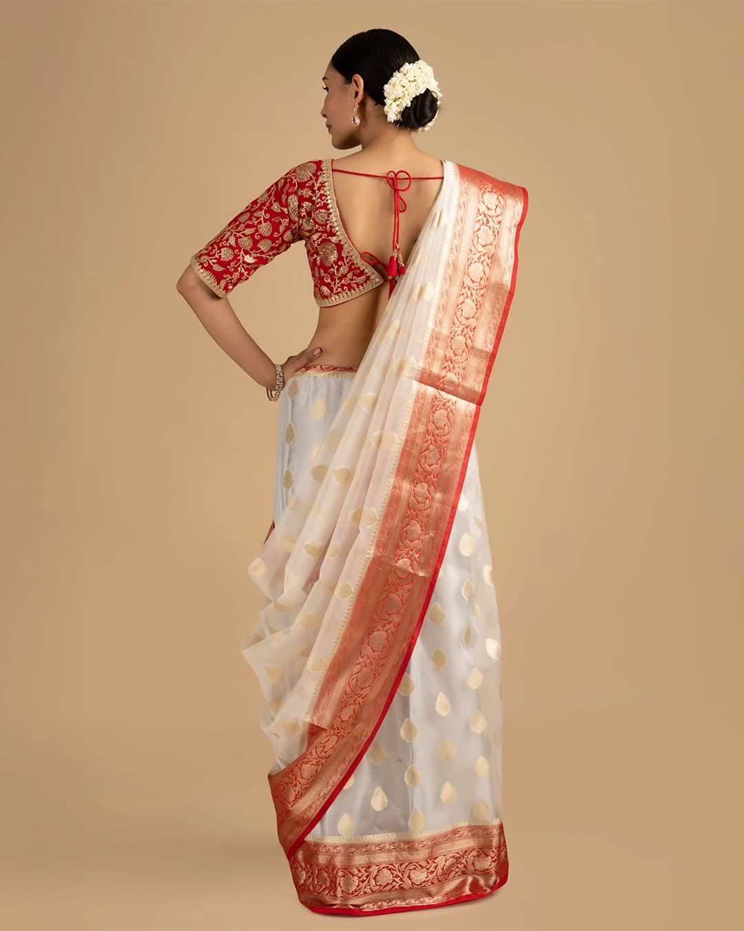 White - Red Kora Organza Silk Banarasi Handloom Saree