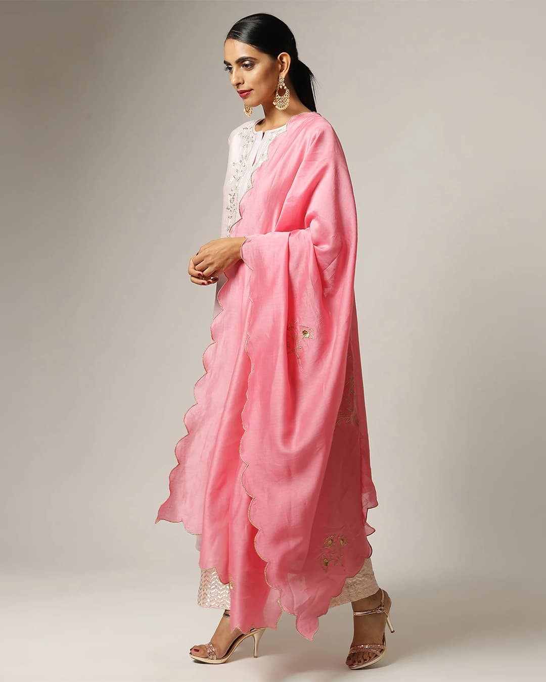 Pink Silk chanderi kurta with hand embroidery