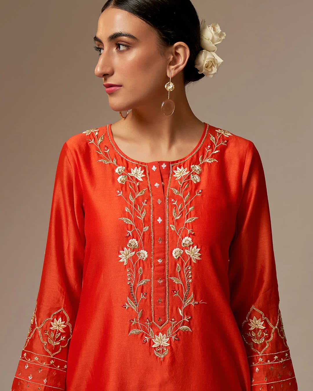 Orange Silk Chanderi kurta with hand embroidery