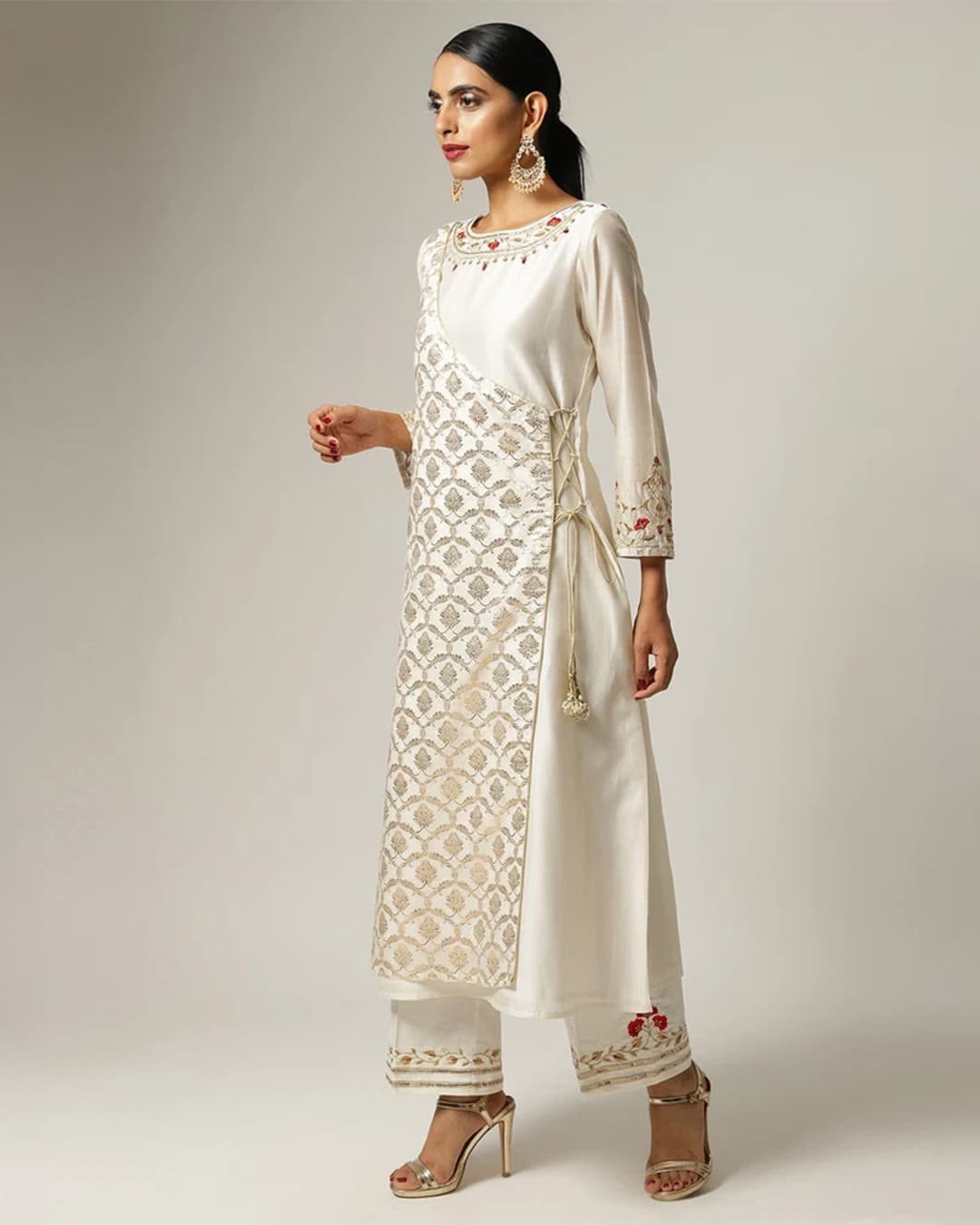 Off white Silk chanderi angrakha kurta with hand embroidery